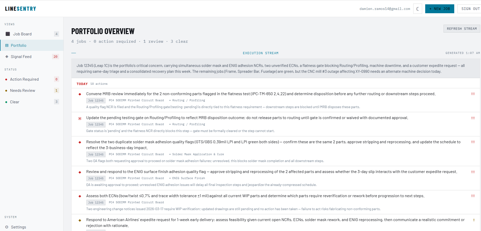 LineSentry — Portfolio Overview showing AI-generated action items and job status