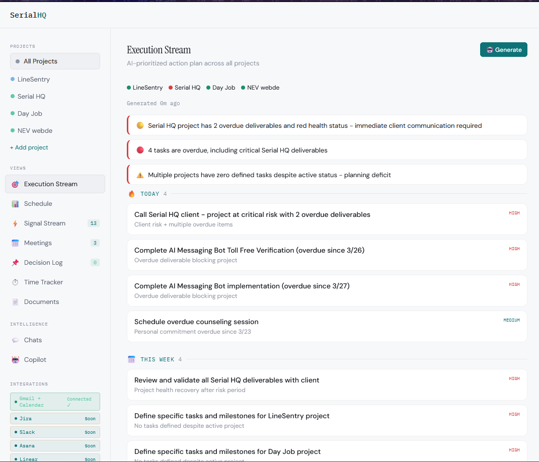 Serial HQ — Execution Stream with AI-prioritized tasks and status indicators