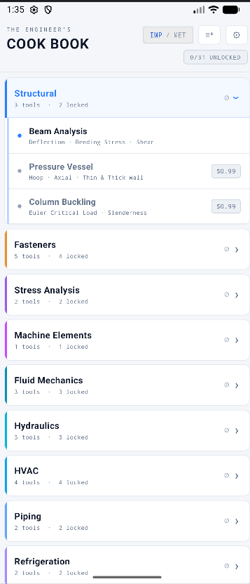 The Engineer's Cook Book — mobile app showing engineering calculator categories